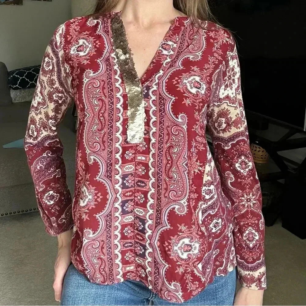 Anthropologie TINY Sequin Devas Popover Red Paisley Top Small